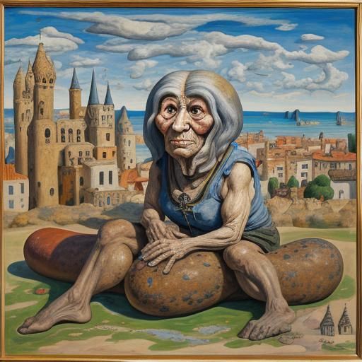 Surreal Old Woman with Sausage, Expressionist Style