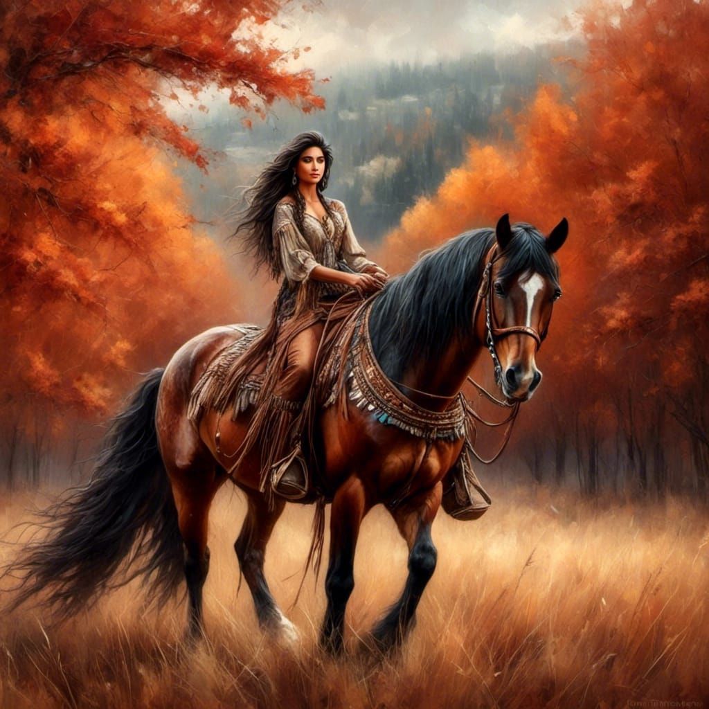 Native American Woman on Horseback in Autumn