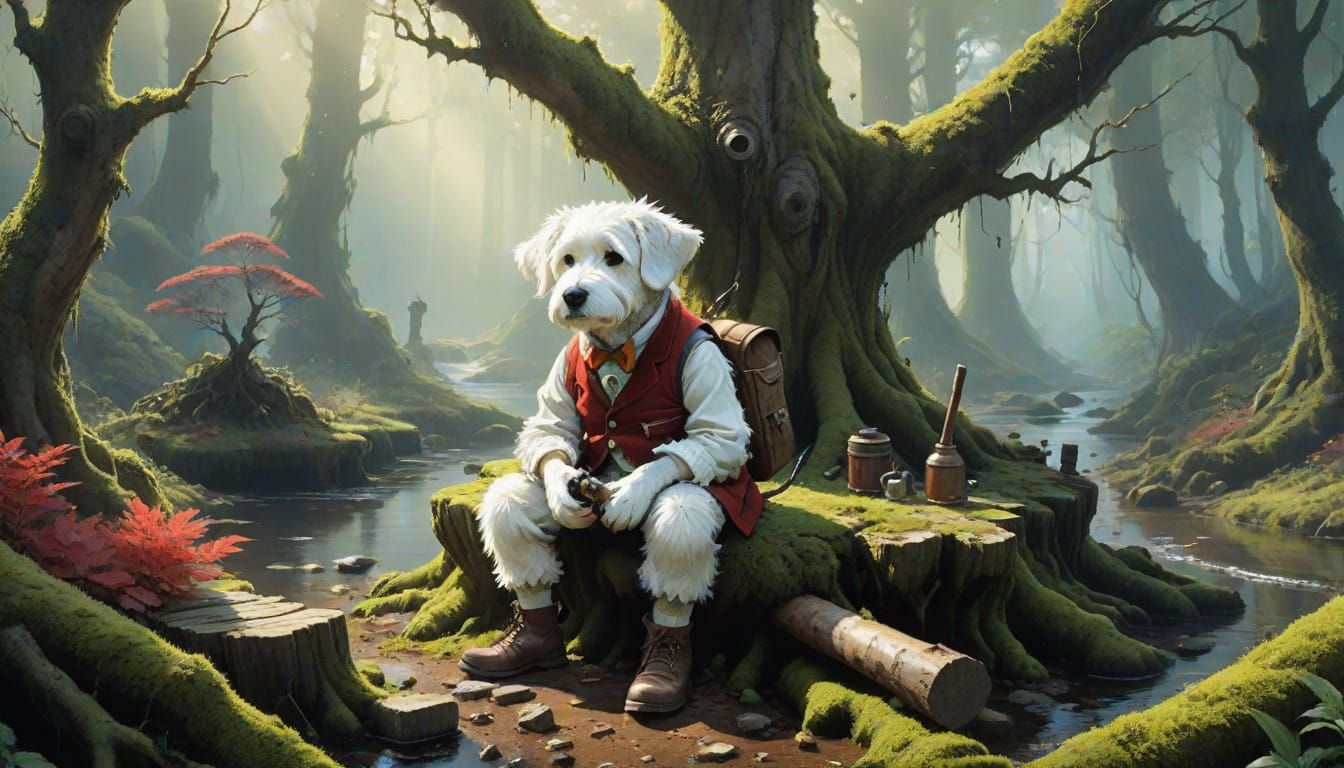 Surreal Forest Scene of a Dog Smoking a Pipe