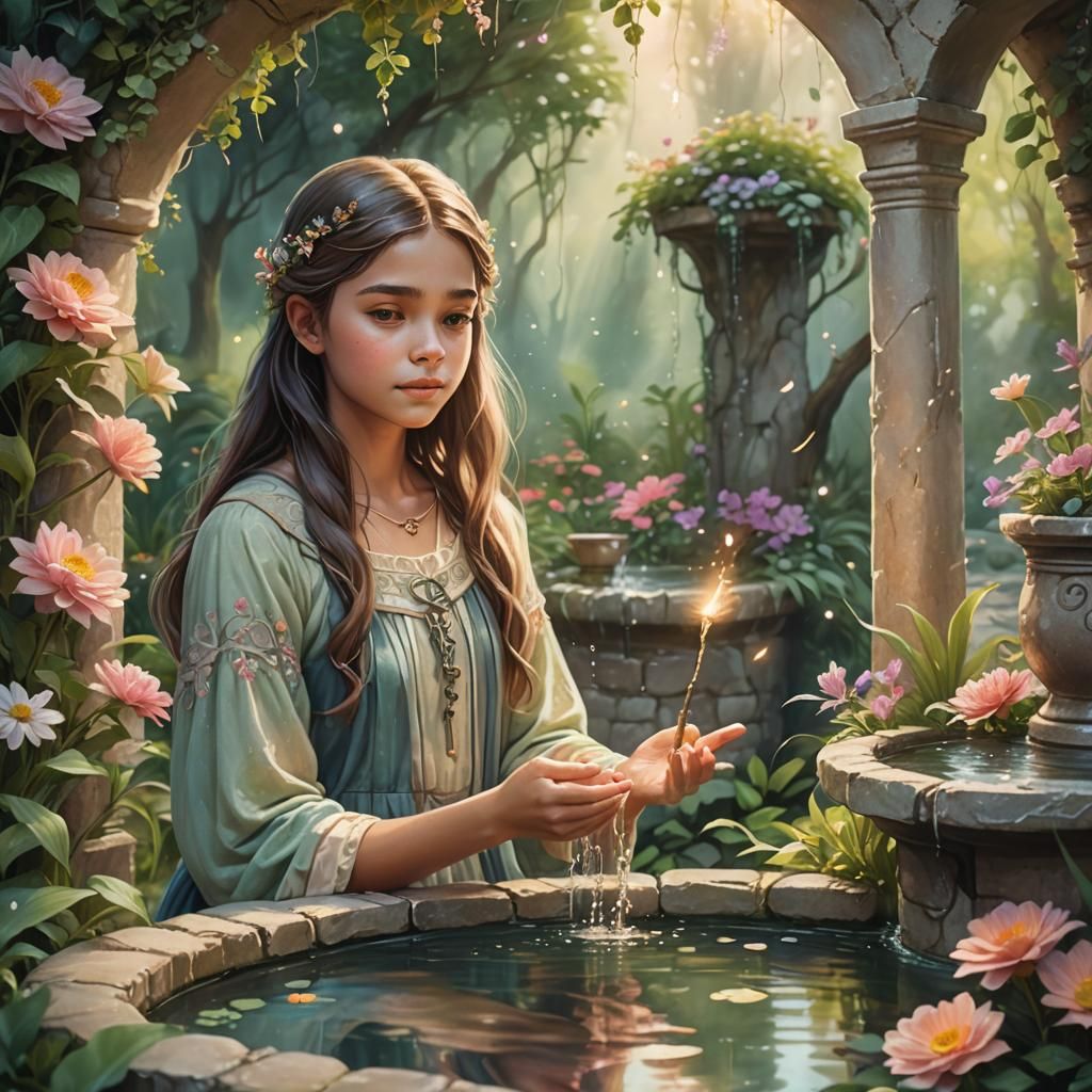Whimsical Young Girl Casts Spell in Wishing Well