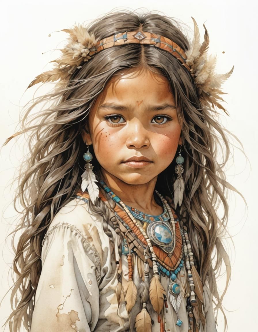 Native American Girl with Buffalo, Watercolor Illustration