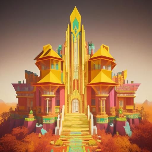 a palace divided into cubes and cones on the hilltop, satura...