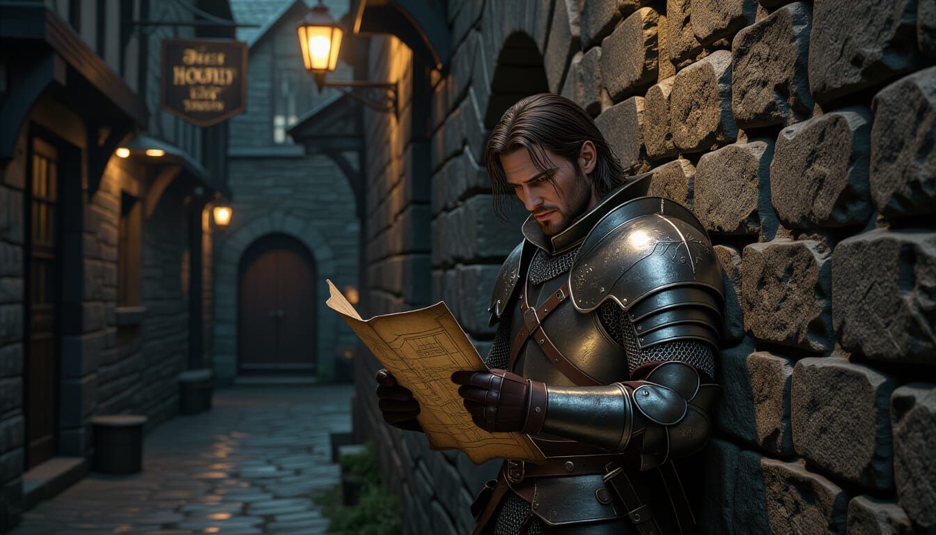 Knight in Alleyway with Tattered Map in Dark Fantasy Style