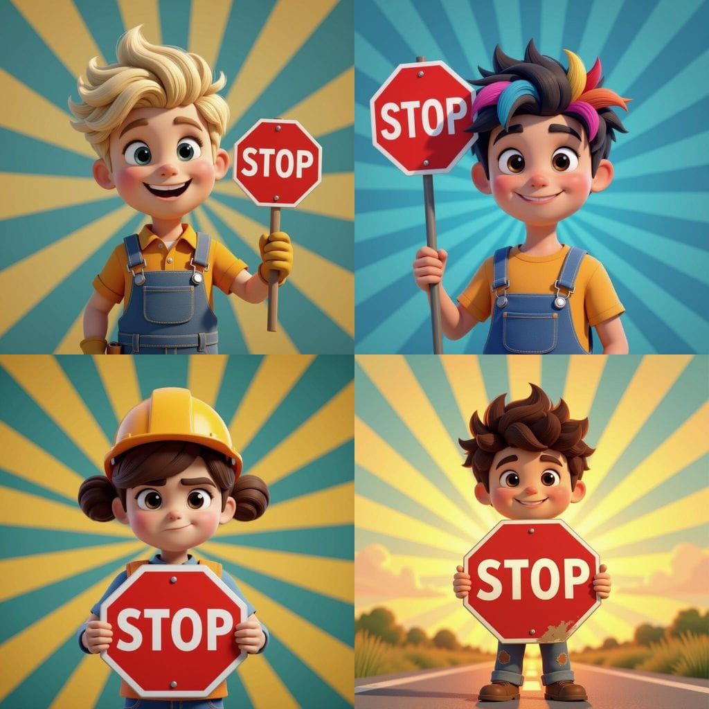 Pixar-Style Construction Boy Holds Stop Sign