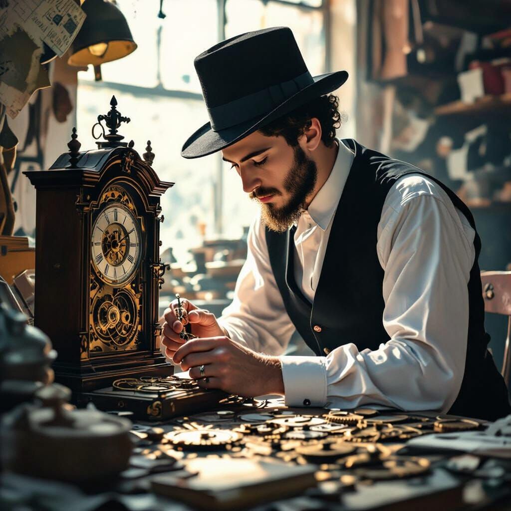 Hasidic Man Repairs Clock: Comic Art Style