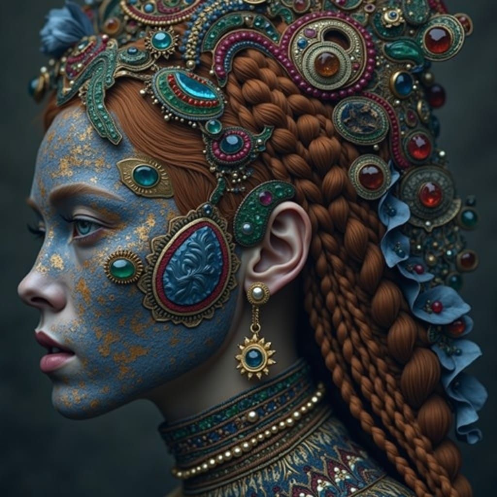 Sovereign Woman with Ancient Jewels and Copper Hair