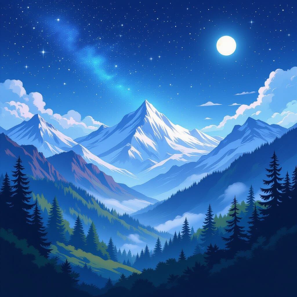 Dreamy Mountain Valley Under Starry Night Sky
