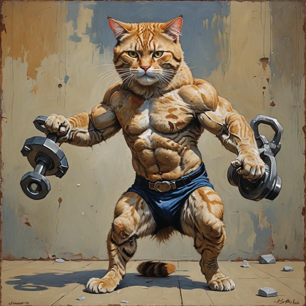 Cat Bodybuilder as Oil Painting