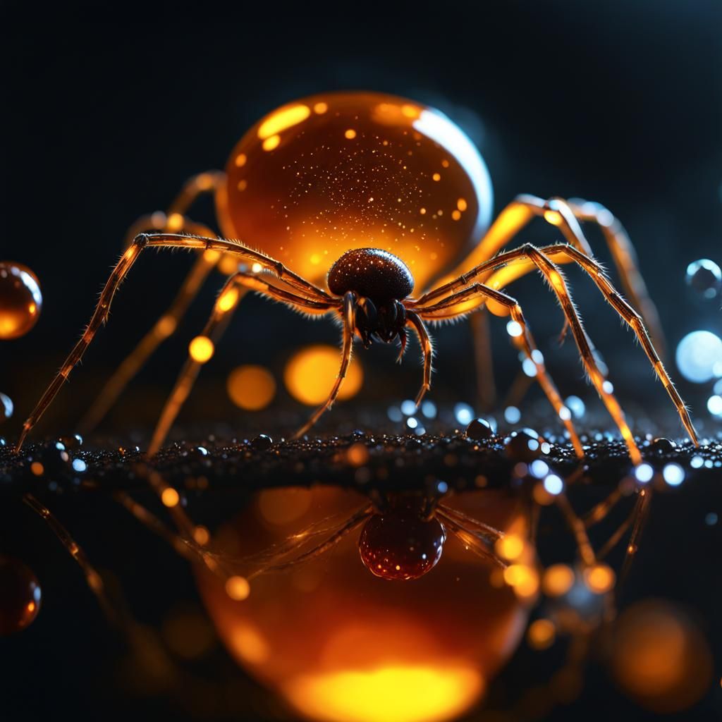 Glowing Amber Spider Web with Dewdrops