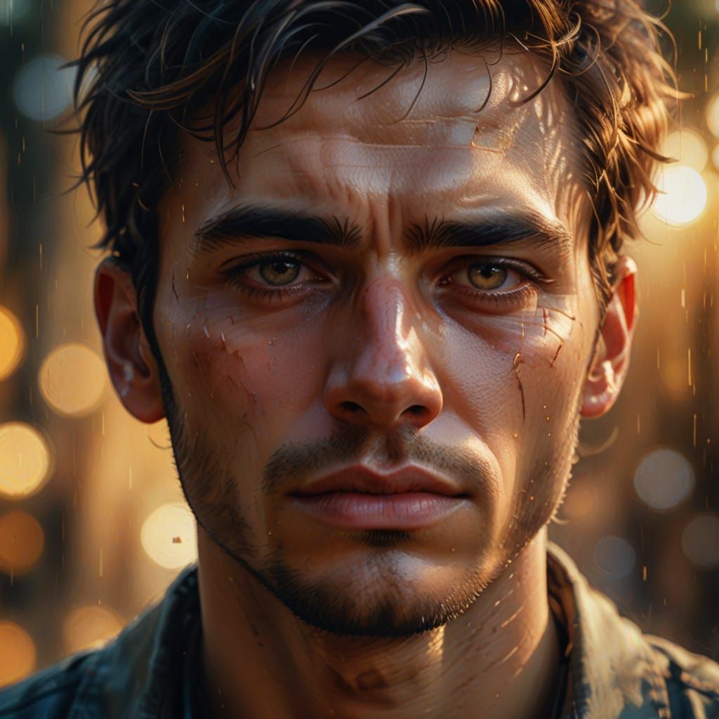 Sad Young Man Portrait in Oil Painting Style