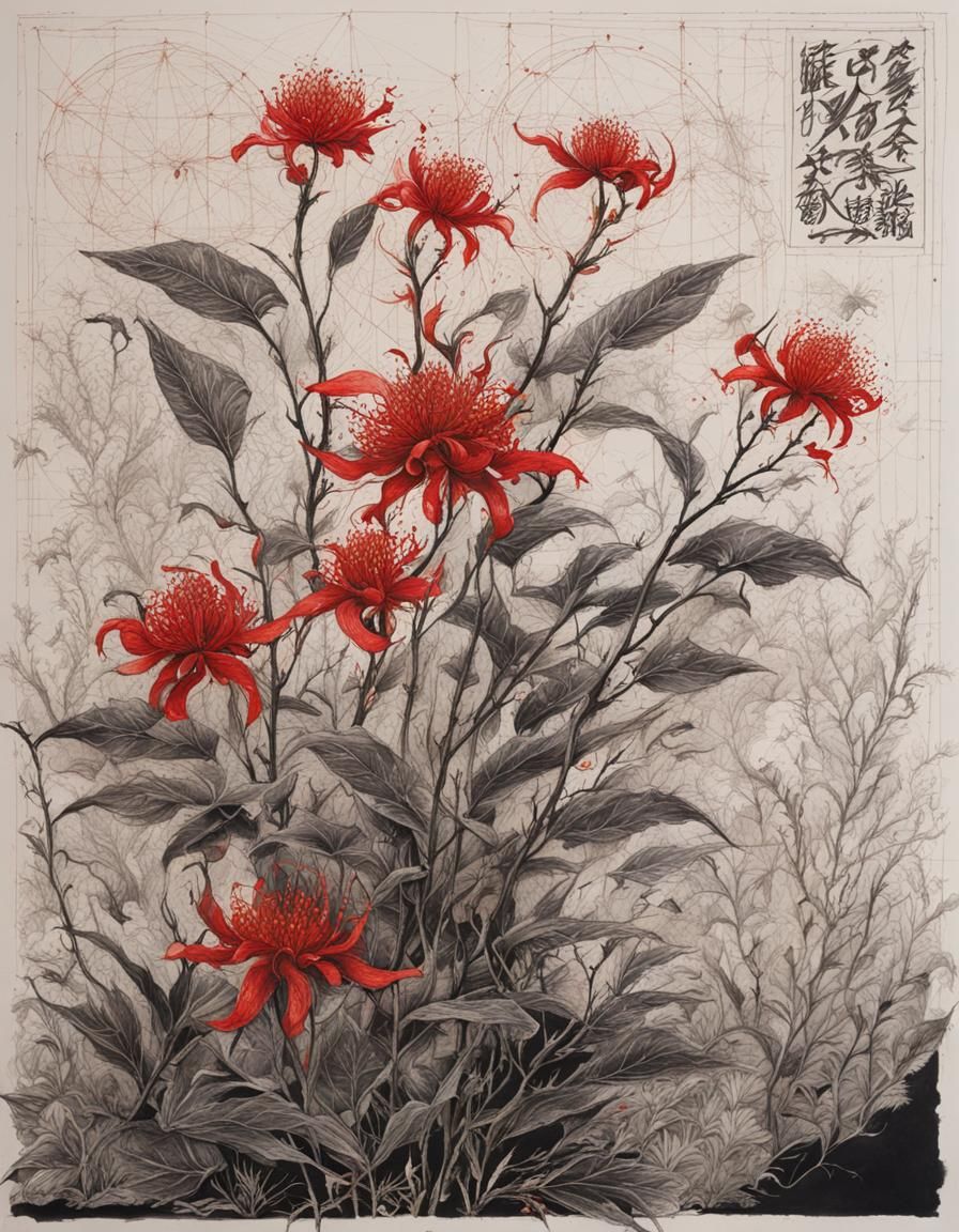 Intricate Japanese Botanical Drawing with Red Ink
