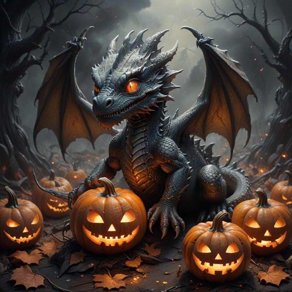 Baby Dragon Emerging From Halloween Pumpkins in Graphite Ske...