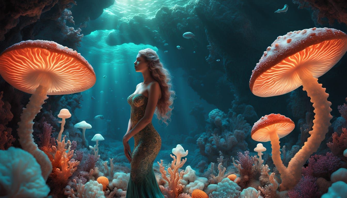 Surreal Cosmic Mermaid Amongst Glowing Bio-Art and Coral Ree...