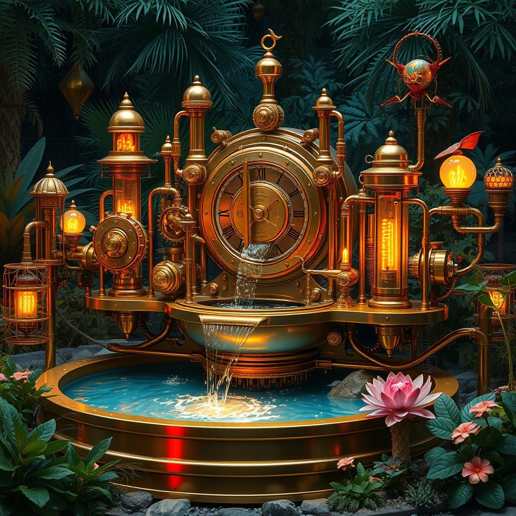 Steampunk Fountain with Clockwork Mechanisms