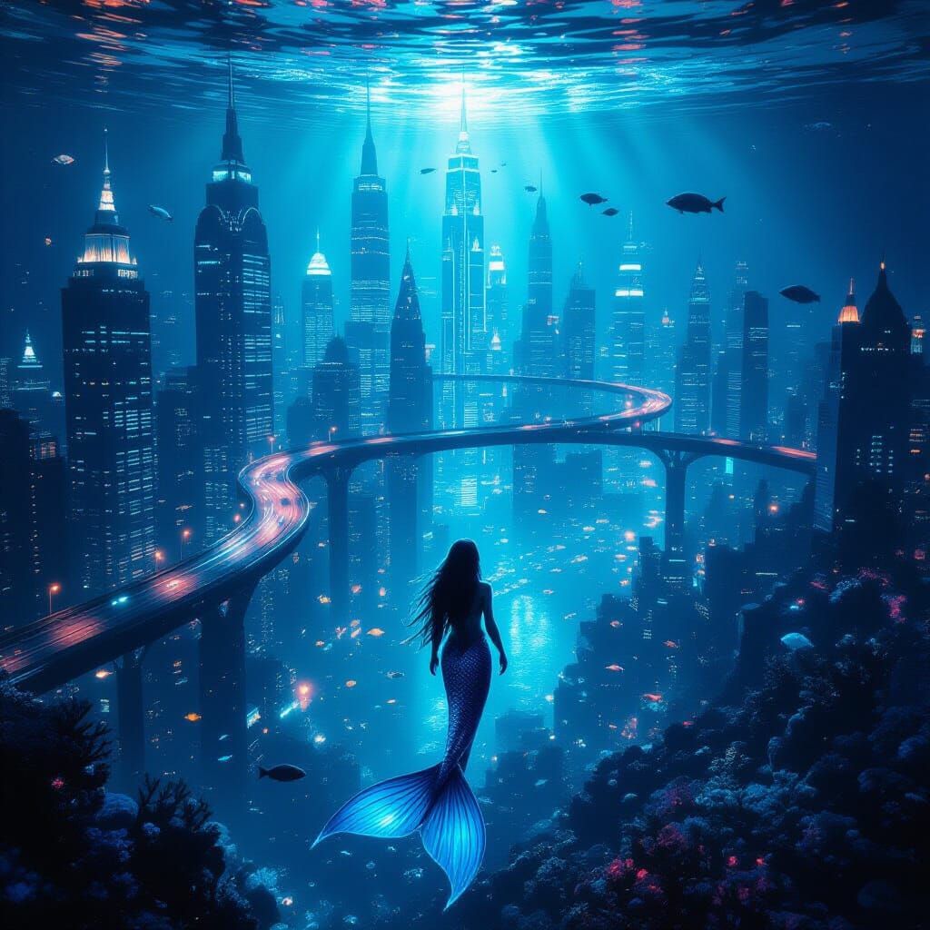Hyperrealistic Underwater Cityscape with Mermaid