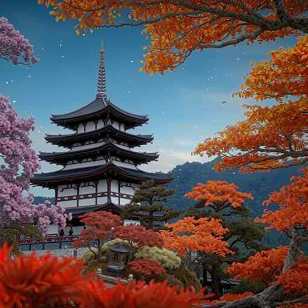 Detailed Matte Painting of Japanese Temple at Dawn