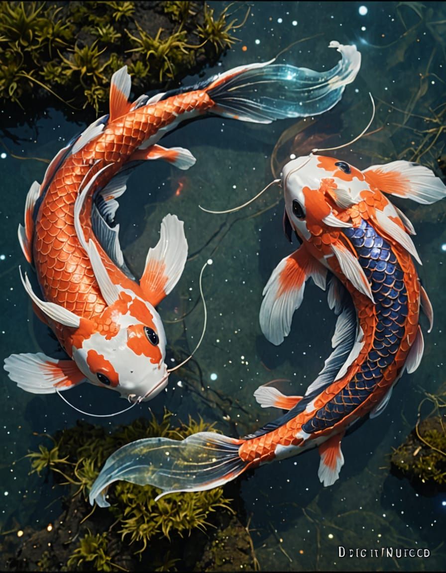 Two Koi Fish Circle in Celestial Night Sky Ocean