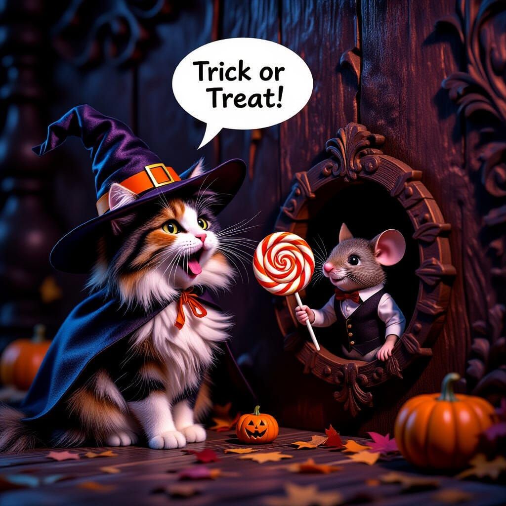Calico Cat & Mouse Halloween Scene