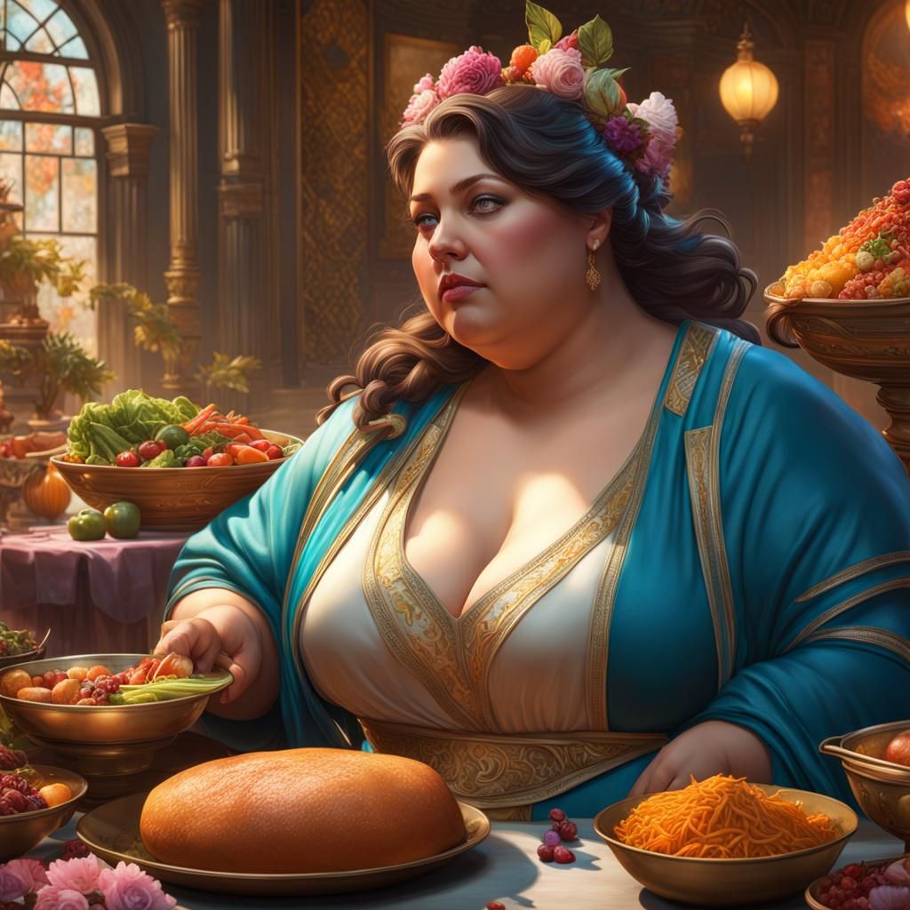 Detailed 3D Portrait of Woman Surrounded by Food