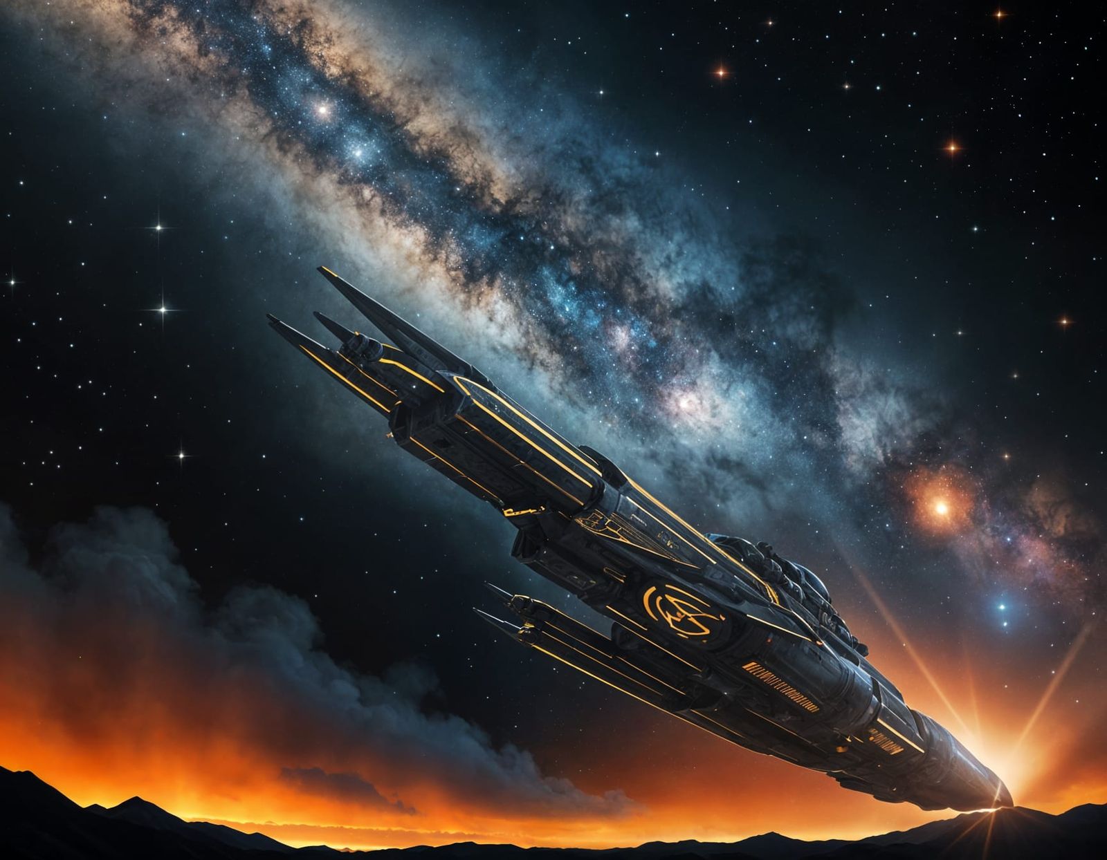 Gigantic War Spaceleviathan in Golden Nebula