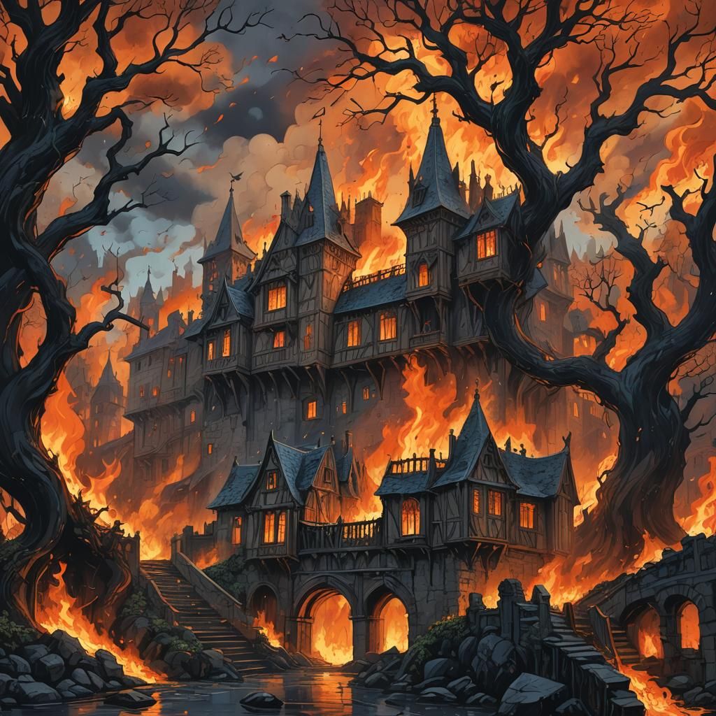 Inferno Engulfs Mystical Mansion in Dreamscape