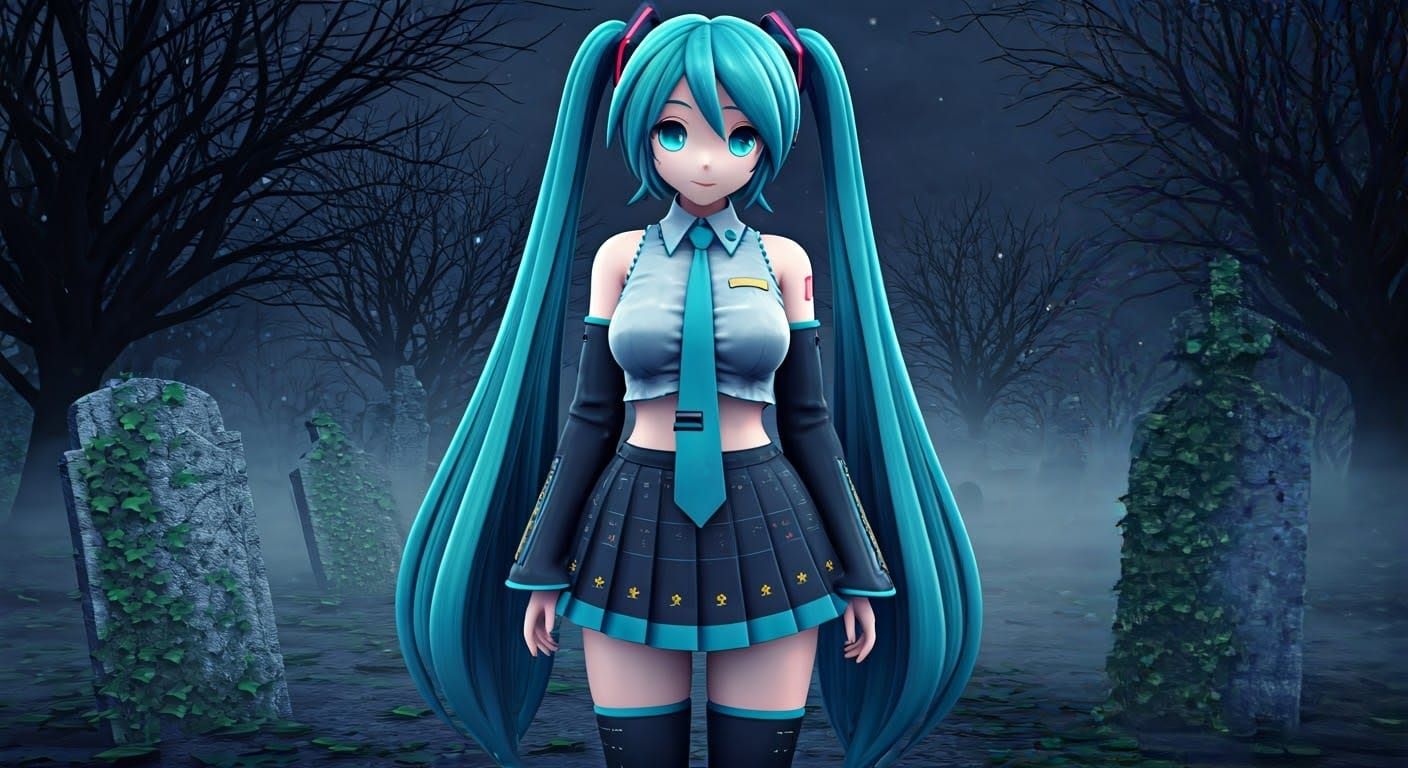 Hatsune Miku in Graveyard, Hyperrealistic Digital Art