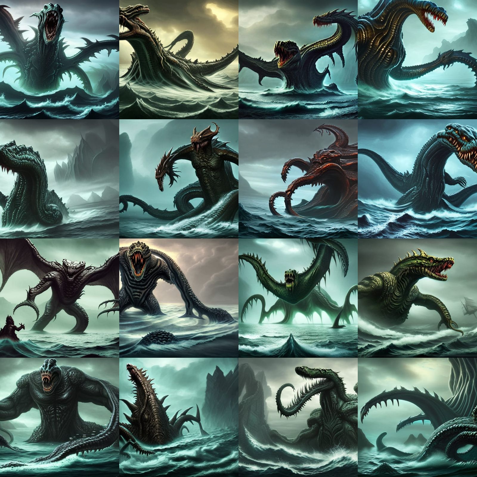 A Hydra like creature giant sea monster in water coming to land ferocious huge evil. Scary dark monster detailed matte p...