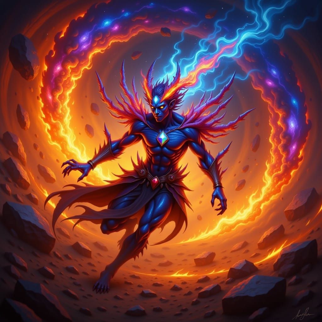 Battle Tiefling Prince: Dragon Hybrid in Fiery Vortex