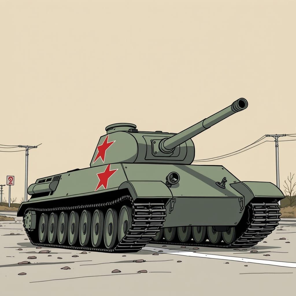 KV-2 Tank Stands Ready to Fire at a Desolate Intersection in...