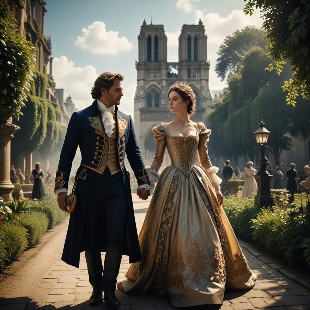 French Aristocracy in Baroque Style Strolling Through Garden...