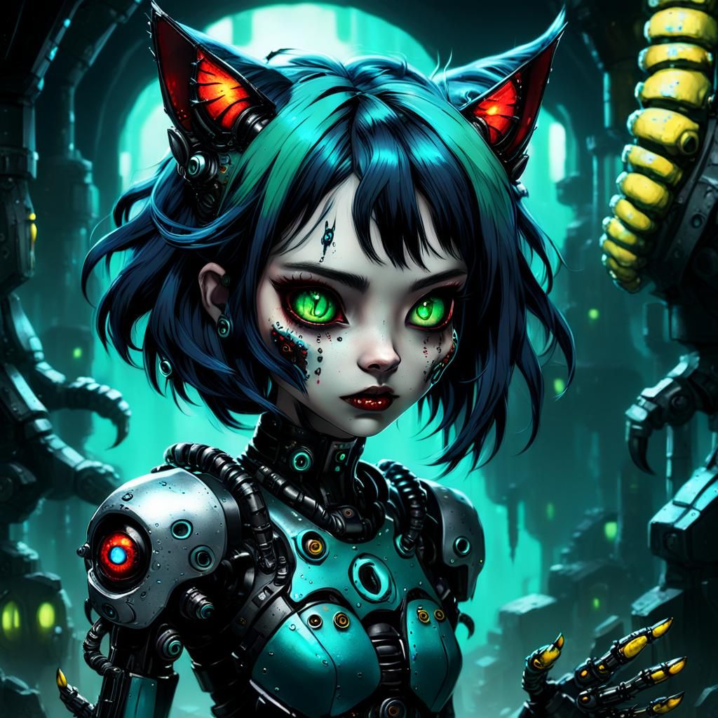 Cyberpunk Catgirl in a Dark Metallic Environment