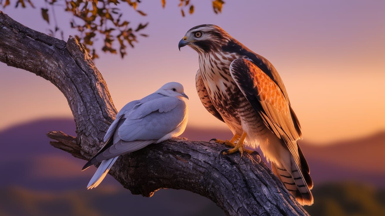 Hawk and Dove in Tranquil Twilight Scene