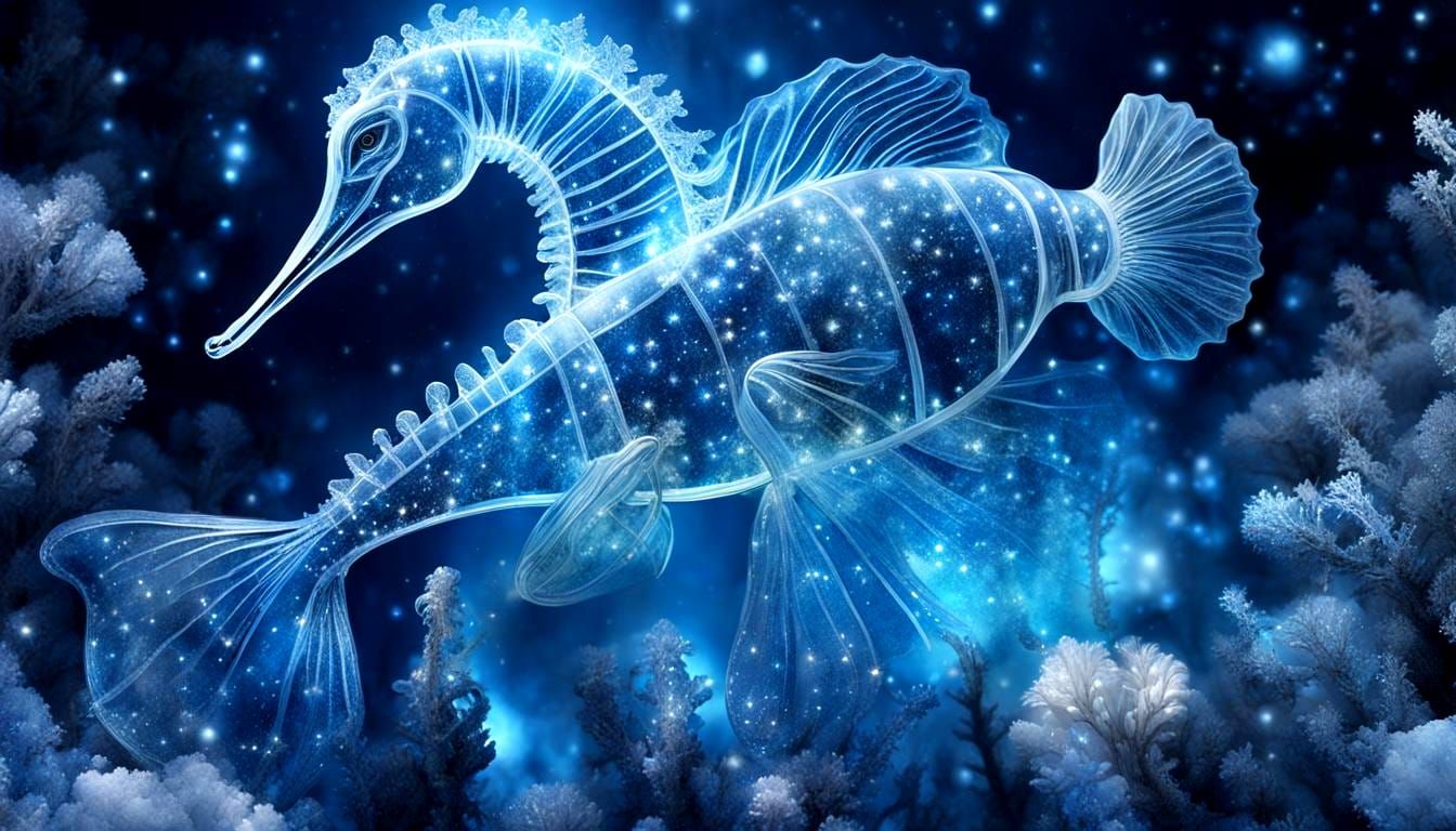 Frosted Glass Seahorse Ascending Through Cosmic Reef