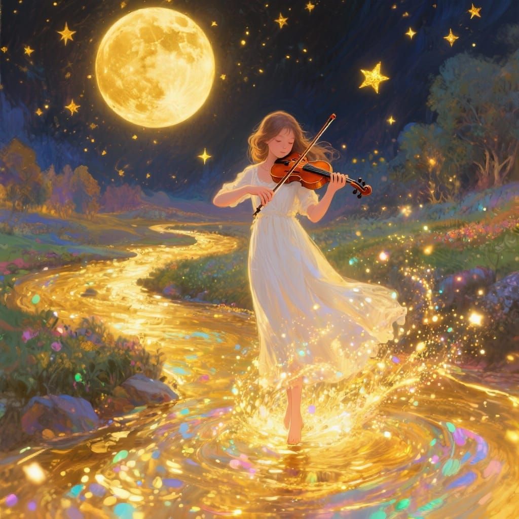 Whimsical Girl Plays Violin in Magical Golden Landscape