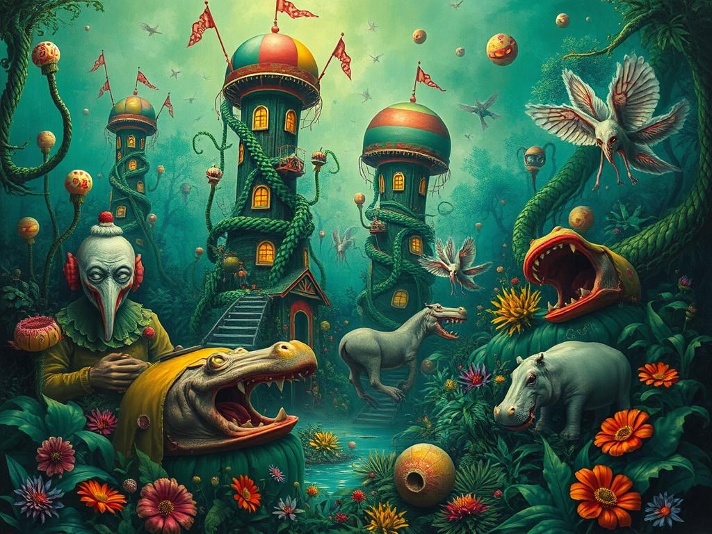Surreal Jungle Circus with Flying Hippos