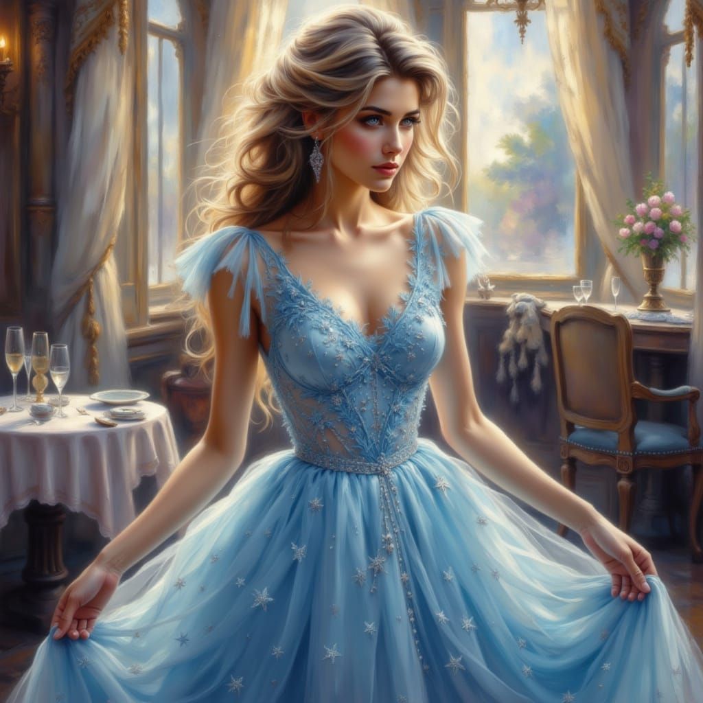 Ethereal Fantasy Woman in Blue Dress at Restaurant