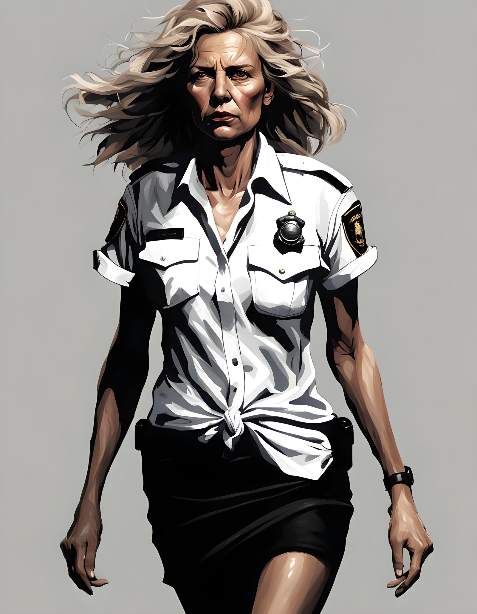 Hyperrealistic Woman in Police Shirt on Black Background