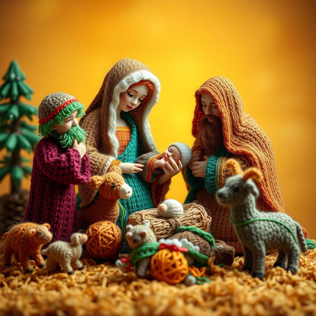 Intricate Yarn Nativity Scene with Textured Details