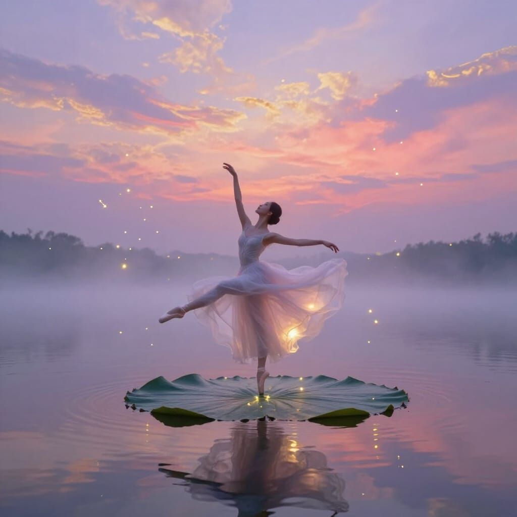 Ballerina Pirouettes on Lily Pad in Pastel Dreamscape