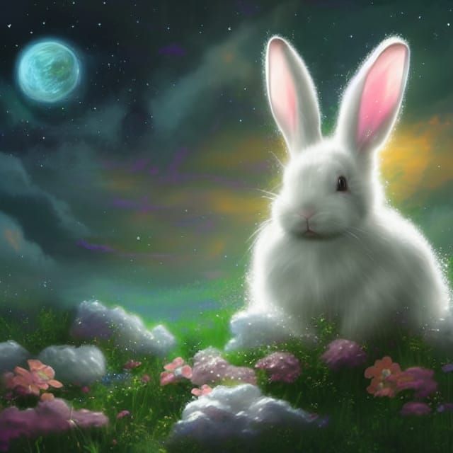 Cosmic Chibi Bunny in Ethereal Astral Dreamscape