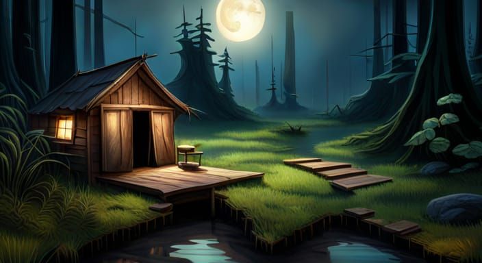 hut in an ominous swamp, rowboat, lanterns | DeviantArt, Art...