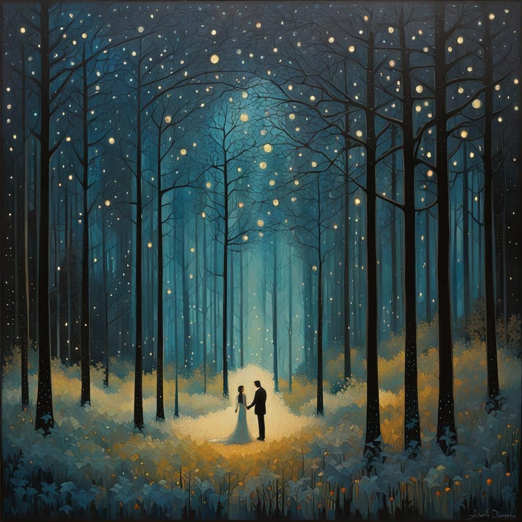Mysterious Forest Wedding Under Starlight, Expressionist Sty...