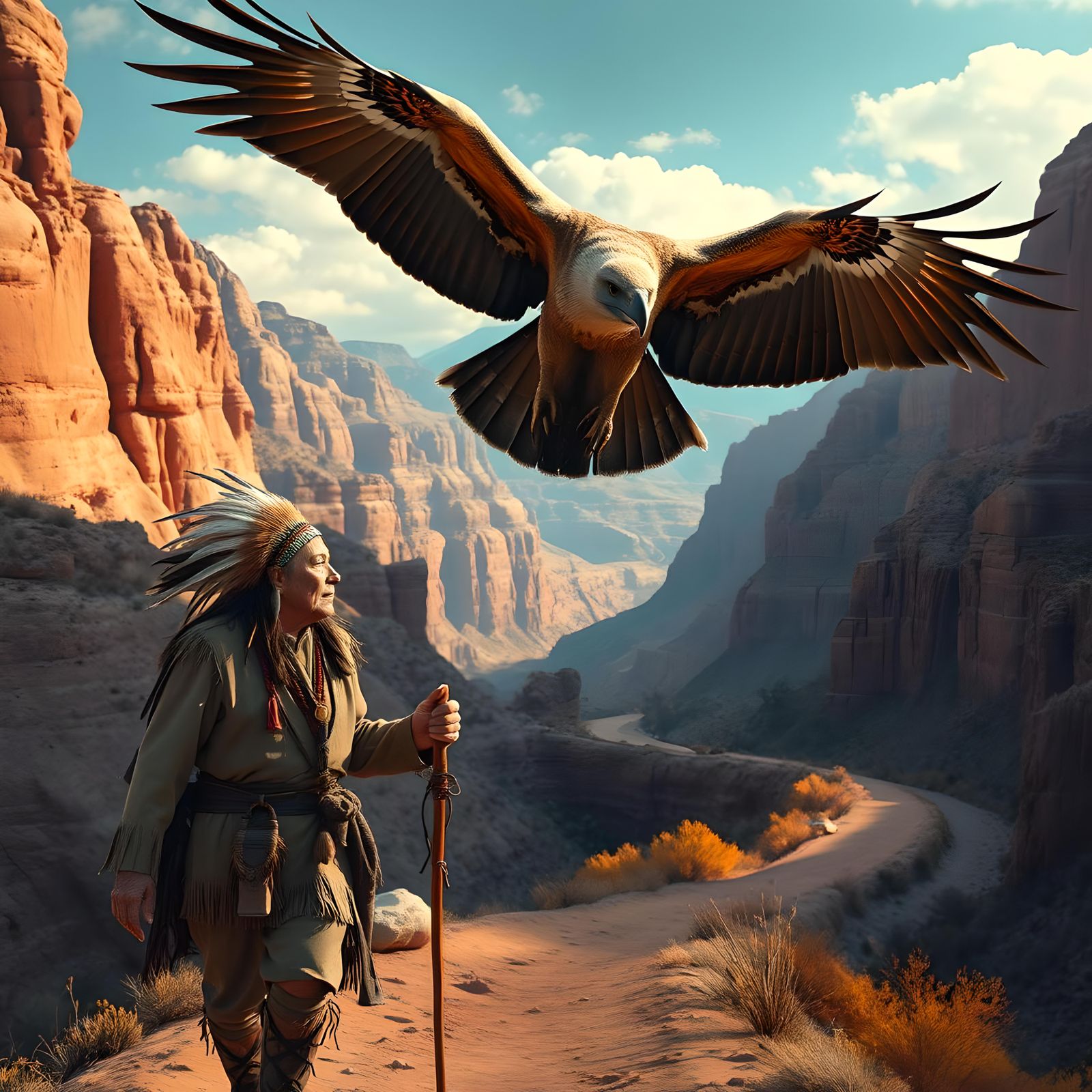 Native American Encounter with Giant Bird in Canyon