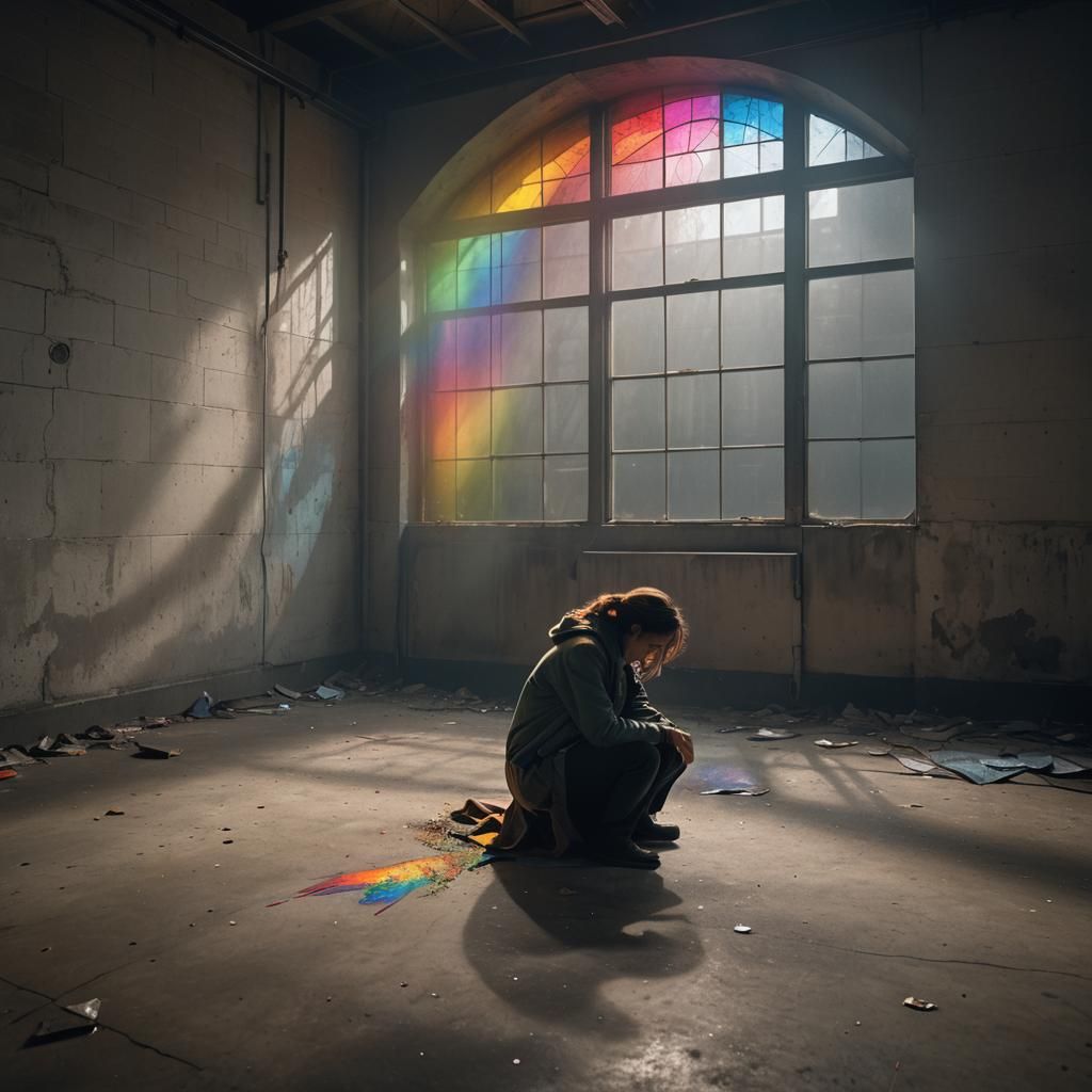 Rainbow Light on a Lost Woman in Basement