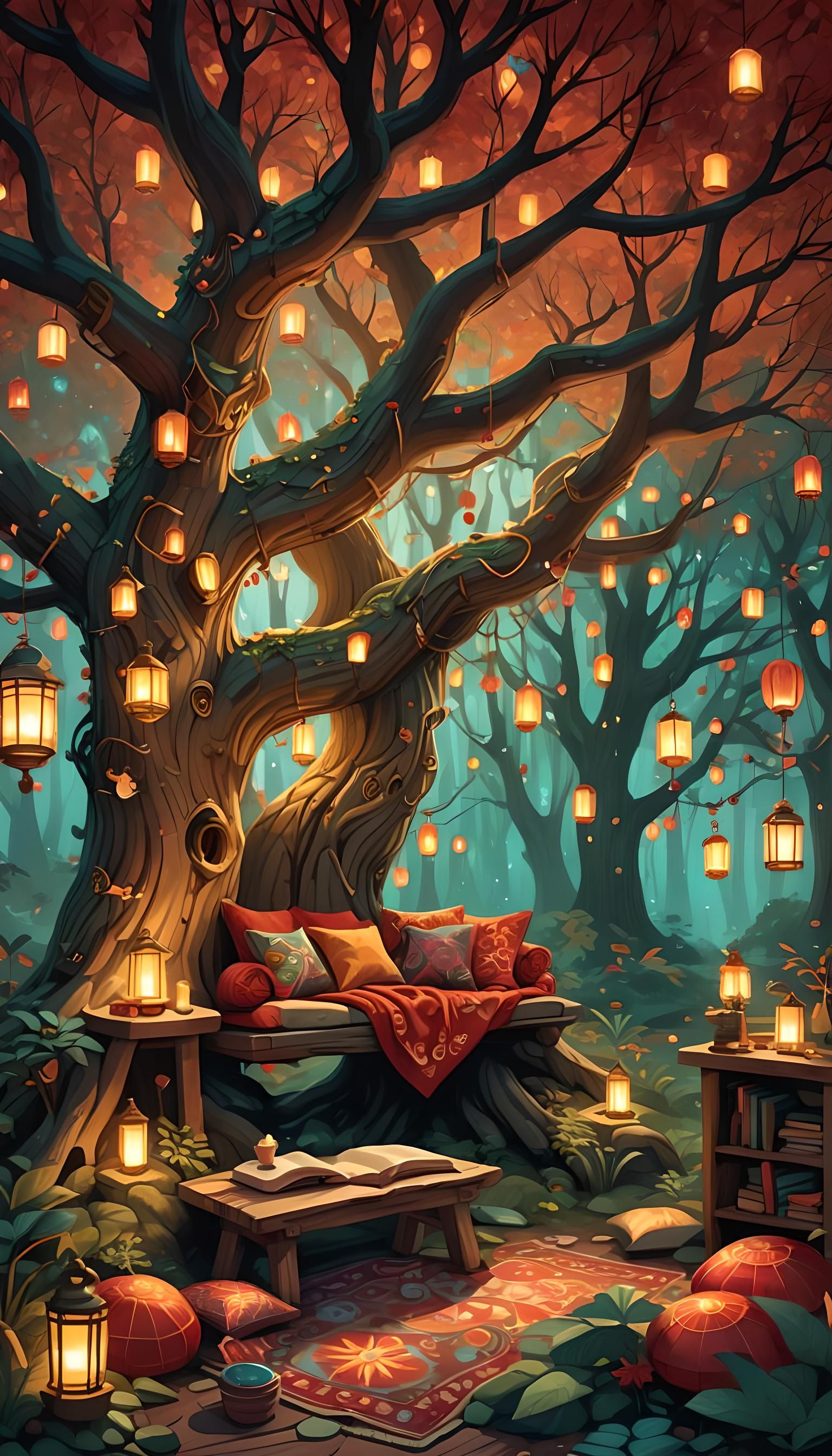 Enchanted Forest Reading Nook: A Digital Illustration