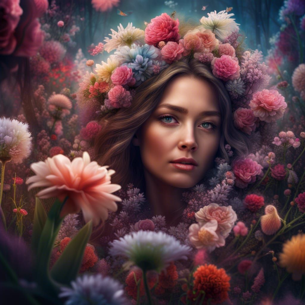 Flower-Covered Face: A Detailed Digital Painting