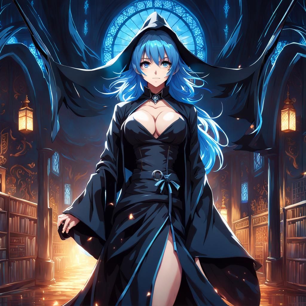 Anime Witch with Blue Hair and Intense Stare