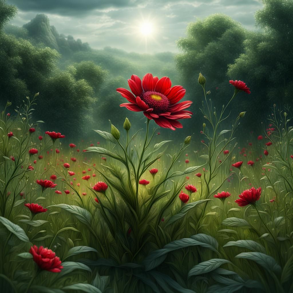 Glass Red Flower Reflecting Meadow, Digital Matte Painting