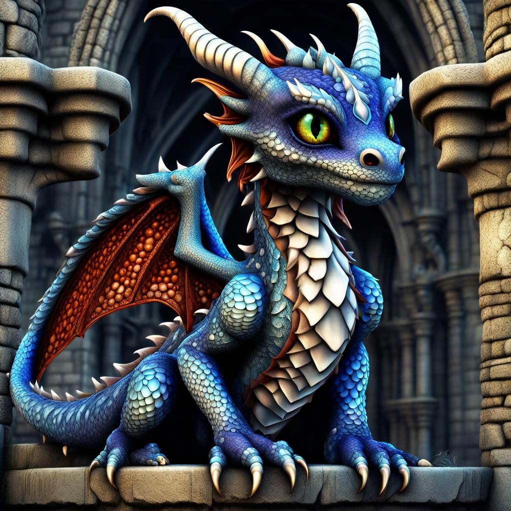 Baby Dragon on Gothic Castle: Photorealistic Render