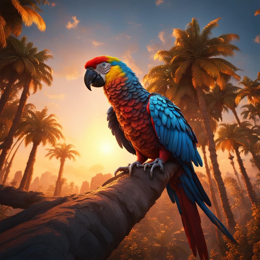 Colorful Parrot in Sunset: Fantasy Concept Art